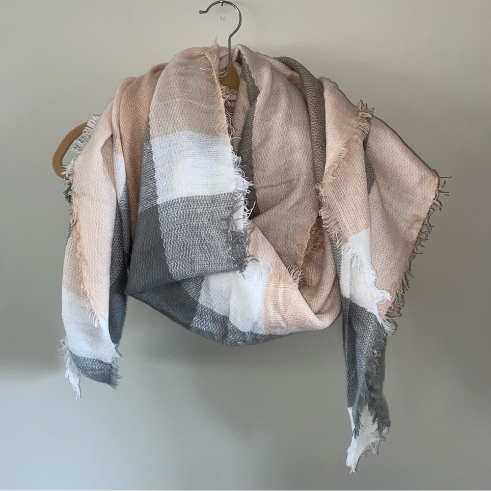 Oversized Plaid Peach and Grey Soft Knit Blanket Scarf